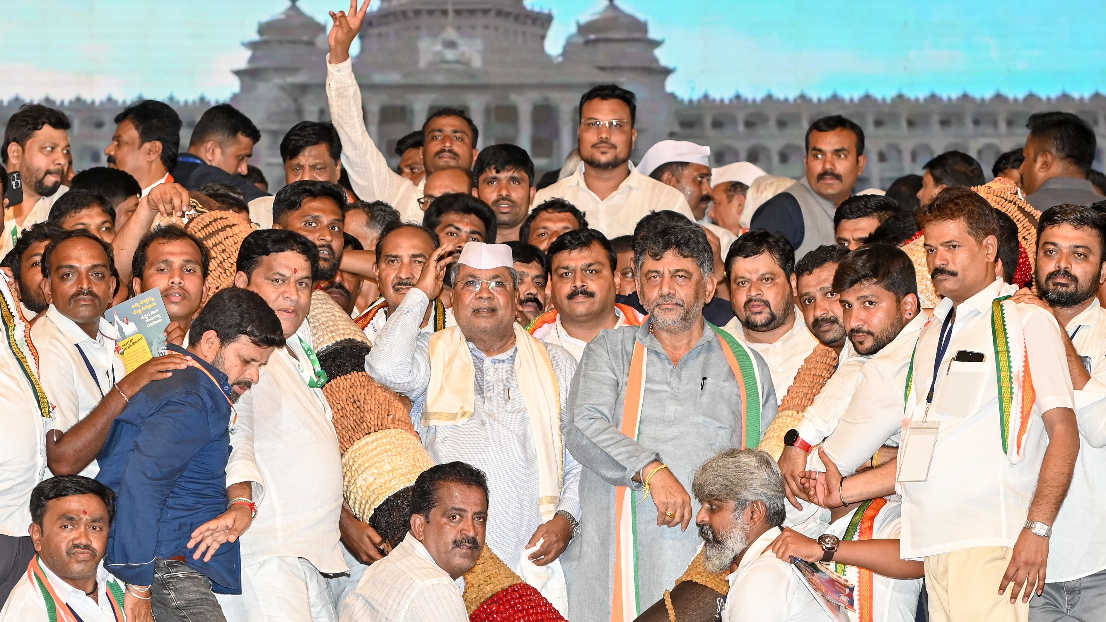 <div class="paragraphs"><p>Congress leaders at the party's mega 'Janandolana' in Mysuru, August 9, 2024.</p></div>